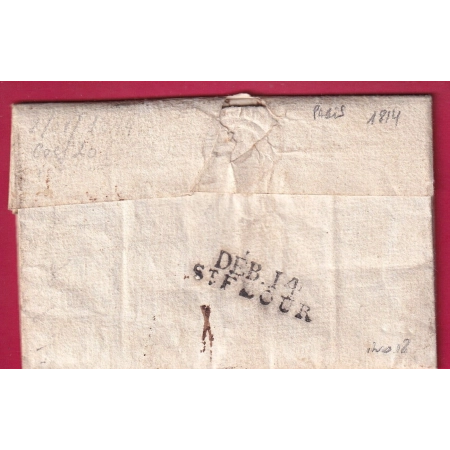 DEBOURSE DEB 14 ST FLOUR CANTAL 1814 INDICE 18 DEPART PARIS REEXPEDIE ESTAING AVEYRON TAXE MODIFIEE LETTRE COVER