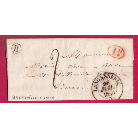 CAD TYPE 14 LANGANNERIE CALVADOS BUREAU H BRETEVILLE SUR LAIZE 1846 + DECIME RURAL POUR CAEN LETTRE