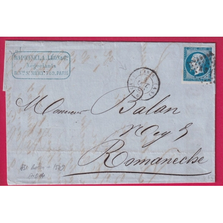 N°14 PARIS AS 60 AS LOSANGE AS1 POUR ROMANECHE SAONE ET LOIRE 1860 LETTRE LETTRE