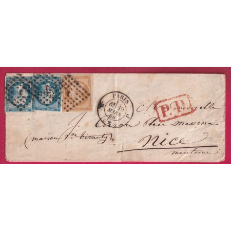 N°14 X2 + 13 PARIS BUREAU J POUR NICE ETATS SARDES ALPES MARITIMES 19 MARS 1860 LETTRE
