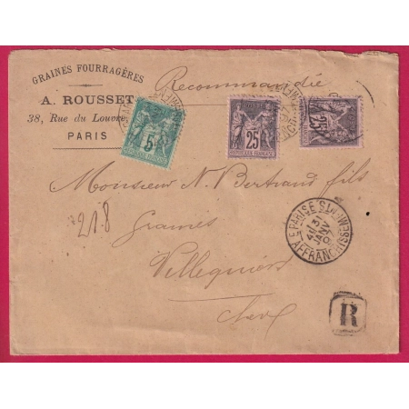 N°75 92 X2 E PARIS E AFFRANCHISSEMENTS 1897 RECOMMANDE POUR VILLEQUIERS CHER LETTRE