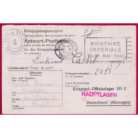 WW2 FLIER QUINZAINE IMPERIALE MONTPELLIER HERAULT 1942 CARTE PRISONNIER DE GUERRE OFLAG III C LETTRE COVER FRANCE