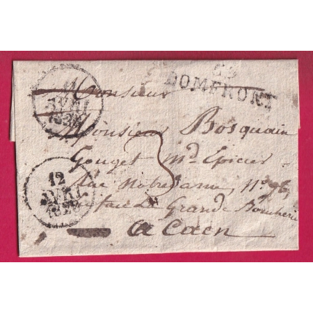 PRECURSEUR APRES LE DEPART 11 ET 12 MAI 1828 DATEUR A MARQUE 59 DOMFRONT ORNE POUR CAEN LETTRE COVER