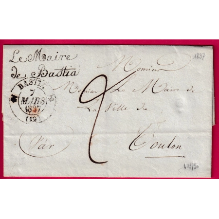 FRANCHISE LE MAIRE DE BASTIA CORSE CAD TYPE 12 POUR TOULON VAR 1837 LETTRE COVER