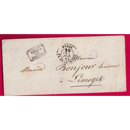 CAD TAXE 30C PL DE LA BOURSE 1864 APRES LE DEPART POUR LIMOGES HAUTE VIENNE LETTRE
