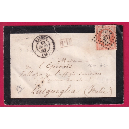 N°23 PC DU GC 357 BAYEUX CALVADOS POUR LAIGUEGLIA ITALIE 1863 INDICE 15 LETTRE