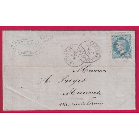 APRES LE DEPART GC 4017 LA TREMBLADE CHARENTE INFERIEURE POUR MARSEILLE 6 ET 7 AOUT 1868 LETTRE