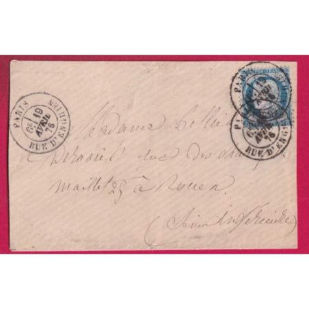 N°60 CAD TYPE 17 PARIS RUE D'ENGHIENS POUR ROUEN SEINE INFERIEURE LETTRE
