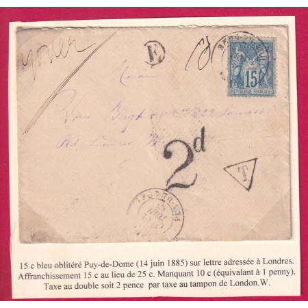 N°90 PUY DE DOME TAXE ANGLAISE 2d SUR LETTRE POUR LONDRES ANGLETERRE LETTRE