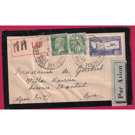 EXPOSITION POSTE AERIENNE PARIS 1930 RECOMMANDE PAR AVION POUR NICE LETTRE