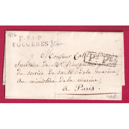 MARQUE P34P FOUGERES ILLE ET VILAINE 1816 POUR PARIS INDICE 13 LETTRE COVER