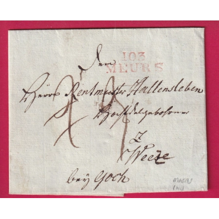 MARQUE CONQUIS 103 MEURS EN ROUGE ALLEMAGNE MOERS 1812 LETTRE COVER