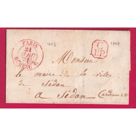 PARIS CAD TYPE 13 BUREAU C EN ROUGE + CPP 1835 POUR SEDAN ARDENNES LETTRE COVER