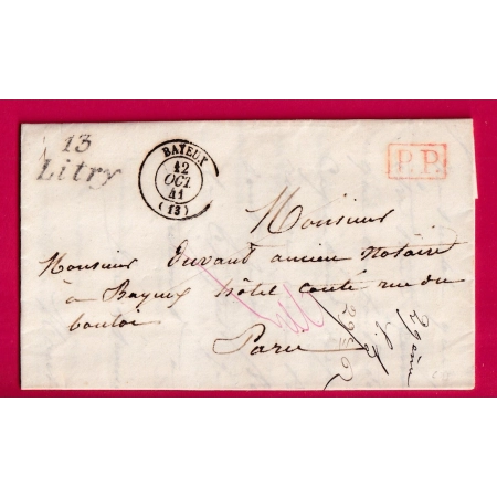 CURSIVE 13 LITTRY + PP ROUGE CAD TYPE 15 BAYEUX CALVADOS 1841 INDICE 10 POUR PARIS