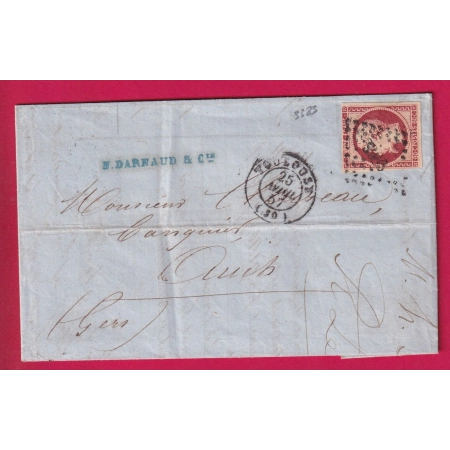 N°17A PC 3383 TOULOUSE HAUTE GARONNE 1857 POUR AUCH GERS LETTRE