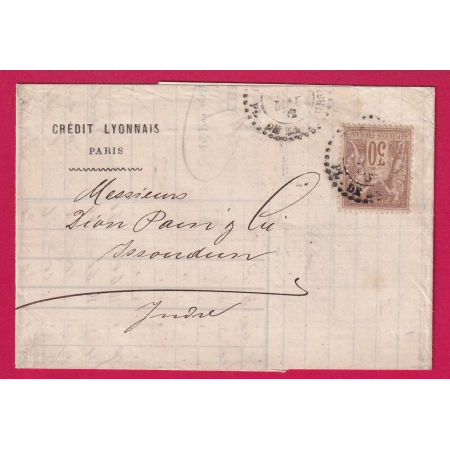 N°80 PERFORE CL CACHET ESSAI PARIS PLACE DE LA BOURSE 1882 PERFIN CREDIT LYONNAIS POUR ISSOUDUN INDRE LETTRE