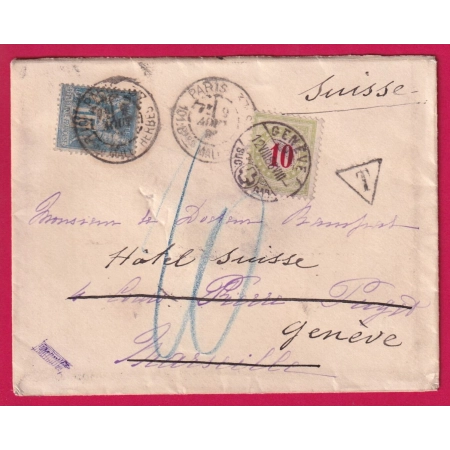 N°90 PARIS 101 BD MALESHERBES TAXE SUISSE 10C VERT ET ROUGE GENEVE 1886 REEXPEDIEE DE MARSEILLE LETTRE