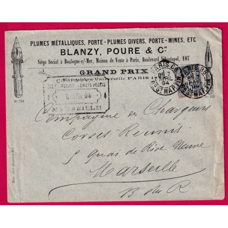 ENVELOPPE ILLUSTREE PLUME ECRITURE PARIS N°90 PARIS 88 BD ST MARTIN 1894 POUR MARSEILLE LETTRE