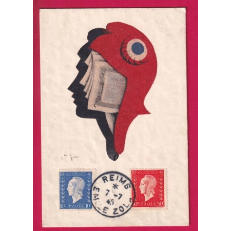 CARTE MAXIMUM N°682 685 MARIANNE DE DULAC 1ER JOUR EMISSION REIMS EMILE ZOLA MARNE LE 7 JUILLET 1945 LETTRE