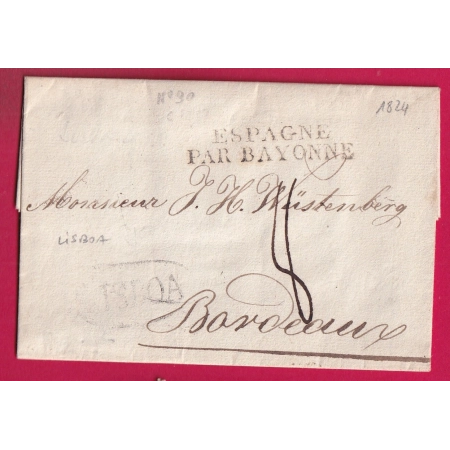 MARQUE LISBOA LISBONNE PORTUGAL ENTREE ESPAGNE PAR BAYONNE 1824 POUR BORDEAUX LETTRE COVER