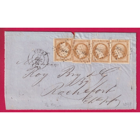 N°13 B TYPE 2 X4 PC 3398 TOURS INDRE ET LOIRE DEVANT DE LETTRE POUR ROCHEFORT 1860