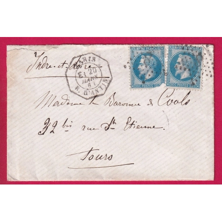 N°29 X2 PARIS LEVEE EXCEPTIONNELLE R D'ANTIN ETOILE 18 LEVEE E1 POUR TOURS INDRE ET LOIRE 1868 INDICE 19 LETTRE