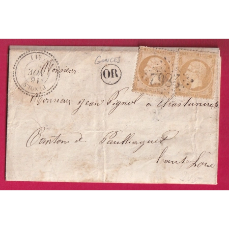 N°21 X2 GC 2862 PINOLS HAUTE LOIRE CAD TYPE 22 OR CRONCE POUR PAULHAGUET LETTRE