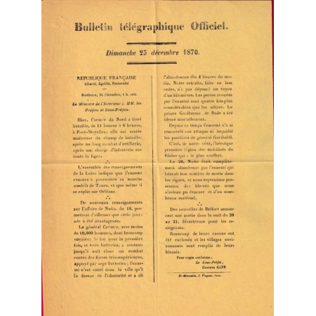 GUERRE 1870 BULLETIN TELEGRAPHIQUE DE BORDEAUX 25 DECEMBRE 1870 BATAILLE DE NUITS COTE D'OR LETTRE