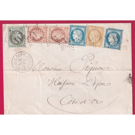 N°60 55 50 51 PAIRE PARIS ETOILE 11 PL DU HEATRE FRANCAIS POUR DIJON COTE D'OR SIGNE ROUMET TRIPLE PORT 70C 1875 LETTRE