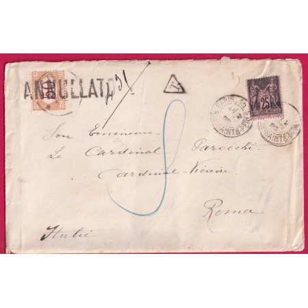 N°97 PARIS R DES ST PERES POUR ROME ITALIE TAXE 50 CENTESIME ANNULLATO 1895 MENTION REFUSE AU DOS LETTRE