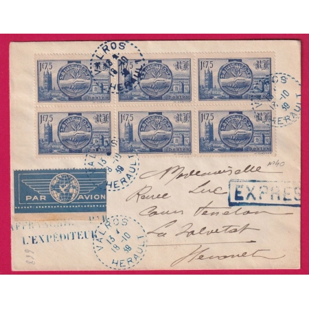 N°400 BLOC DE 6 VALROS HERAULT EN BLEU EXPRES PAR AVION POUR LA SALVETAT LETTRE