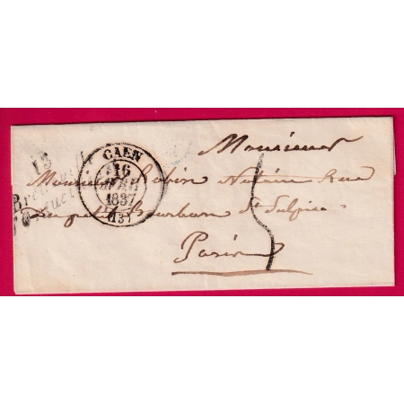 CURSIVE BRETEVILLE L'ORGUEILLEUSE CALVADOS CAD TYPE 13 CAEN TAXE TAMPON 5 POUR PARIS 1837 LETTRE