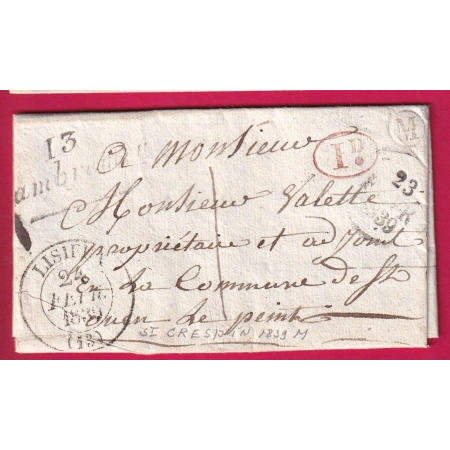CURSIVE 13 CAMBREMER CALVADOS 1839 BOITE RURALE M ST CRESPIN DECIME RURAL + TAXE LOCALE 1 POUR ST OUEN LE PIN LETTRE