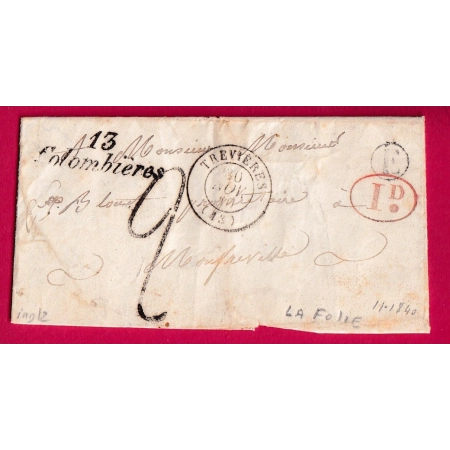 CURSIVE 13 COLOMBIERES CALVADOS BOITE RURALE E LA FOLIE + DECIME RURAL TAXE TAMPON 2 DOUBLE PORT LOCAL LETTRE COVER