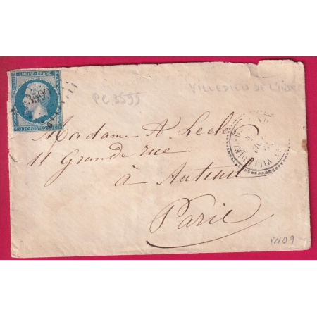 N°14 PC 3599 VILLEDIEU DE L'INDRE CAD TYPE 22 POUR PARIS LETTRE COVER