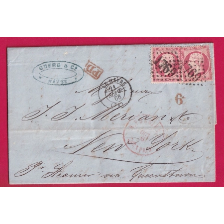 N°24 X2 GC 1769 LE HAVRE SEINE INFERIEURE POUR NEW YORK USA 1866 DOUBLE PORT LETTRE