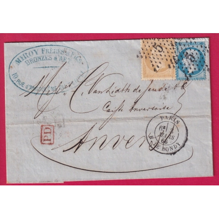 N°21 22 PARIS ETOILE 5 R DE BONDY POUR ANVERS BELGIQUE 1866 LETTRE