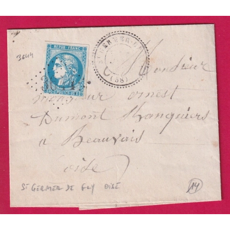 N°46B GC 3644 ST GERMER DE FLY OISE CAD TYPE 24 POUR BEAUVAIS BELLE COULEUR TIRANT VERS OUTREMER LETTRE