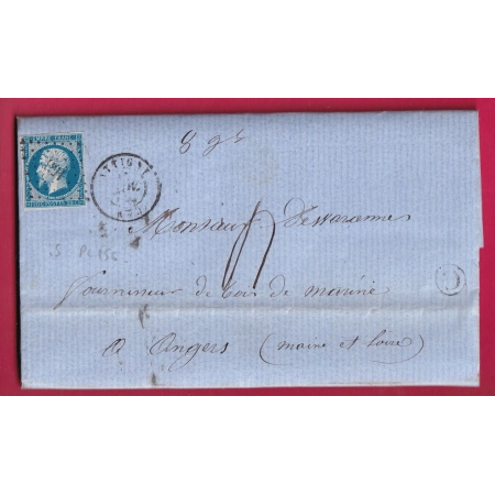 N°14 PC 156 ATTIGNY ARDENNES TAXE MANUSCRIT 4 MENTION POIDS 8 GRAMMES BOITE RURALE C SEMUY POUR ANGERS 1857 LETTRE