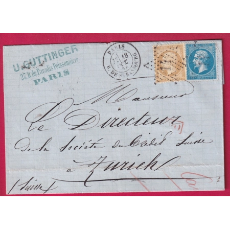N°21 22 PARIS ETOILE 14 R DE STRASBOURG POUR ZURICH SUISSE 1865 LETTRE