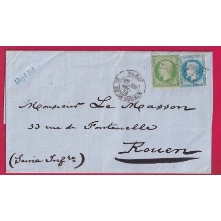 N°20 + 29 PARIS ETOILE 1 30 SEPTEMBRE 1871 POUR ROUEN SEINE INFERIEURE LETTRE
