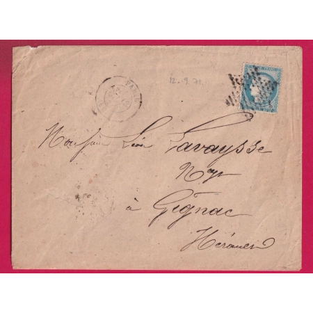 N°60 DU 12 SEPTEMBRE 1871 PARIS ETOILE EVIDEE BUREAU CENTRAL POUR GIGNAC HERAULT LETTRE