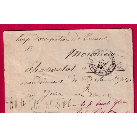 CORPS OCCUPATION TUNISIE CAD TUNIS TUNISIE TRESOR ET POSTES POUR DOLE JURA 1882 LETTRE