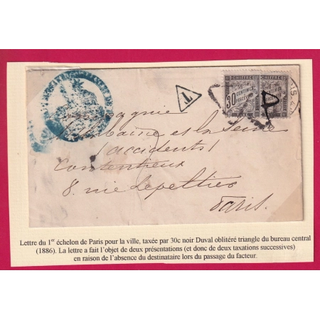 TAXE 30C DUVAL NOIR DEUX PRESENTATION PARIS 1886 TAXE LETTRE