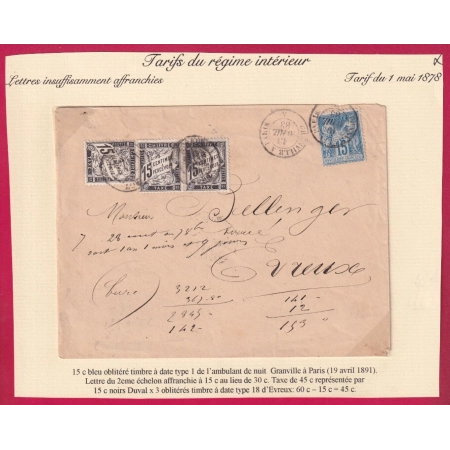 N°90 AMBULANT GRANVILLE A PARIS TAXE 45C 3 X 15C NOIR TYPE DUVAL EVREUX EURE 1883 LETTRE