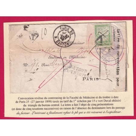 CONTRESEING FACULTE DE MEDECINE PARIS TAXE 15 DUVAL VERT PRESENTE 5 FOIS LETTRE