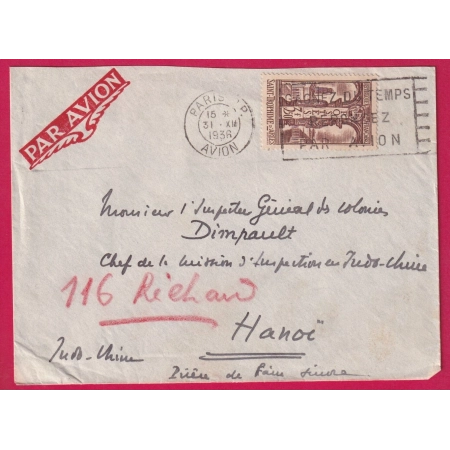 N°302 SEUL SUR LETTRE PARIS AVION 1936 POUR HANOI INDOCHINE LETTRE