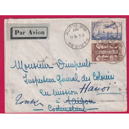 N°302 POSTE AERIENNE N°12 PARIS PAR AVION POUR SAIGON REEXPEDIE HANOI INDOCHINE 1937 LETTRE