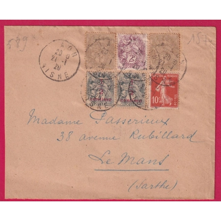 N°107 108 157 135 LAON AISNE 1920 POUR LE MANS SARTHE LETTRE