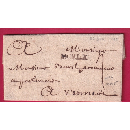 MARQUE MORLAIX FINISTERE 1723 POUR RENNES ILLE ET VILAINE LENAIN N°4 INDICE 15 LETTRE
